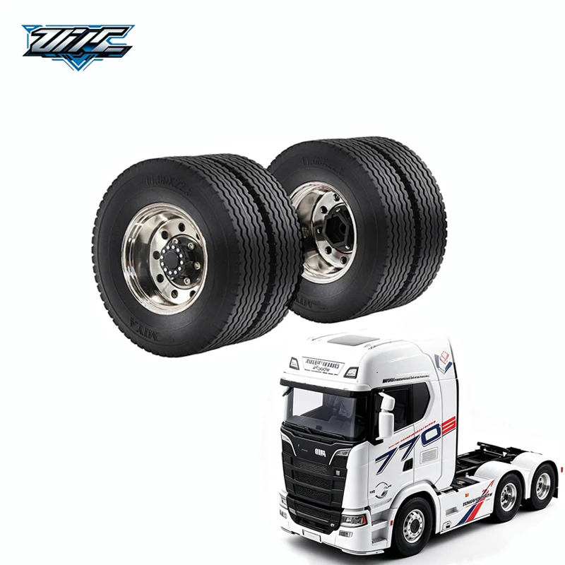 Rubber Tires & Metal Rear Wheel Rim Hub Kit, 1/14 Scale For Tamiya Tractor Truck Trailer Cargo Truck Upgrade Parts