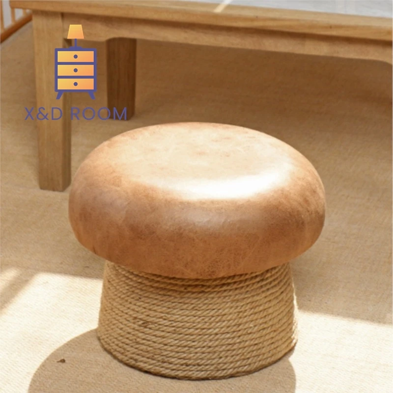 

XD Mushroom Stool Artistic Adult Round Stool Handmade Shoe Changing Stool Solid Wood Sofa Household Hemp Rope Living Room Stool