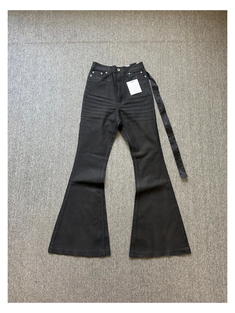 High Street RO-stijl 25SS lange broek heren zwart grijze coating geborstelde was vijfsterren luifellint afslankende micro-trompetjeans