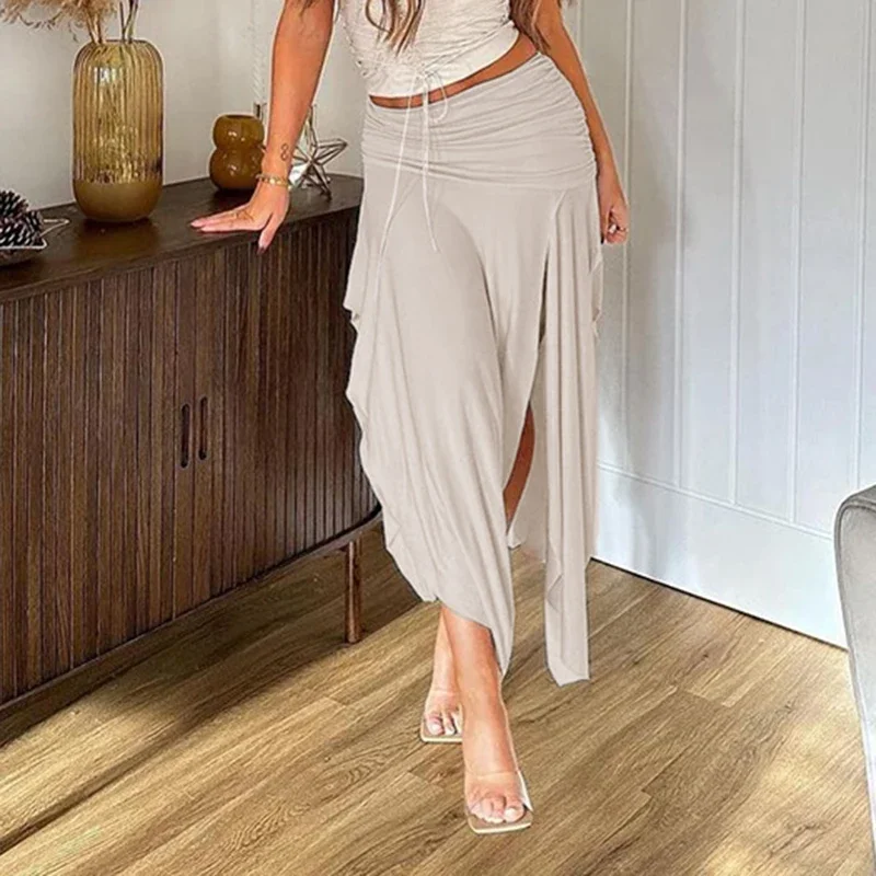 

Y2k Folds Pleated Skirts Split Asymmetrical Midi Skirts Women Holiday Beach Streetwear Skirts Summer Elegant Chic New 2024