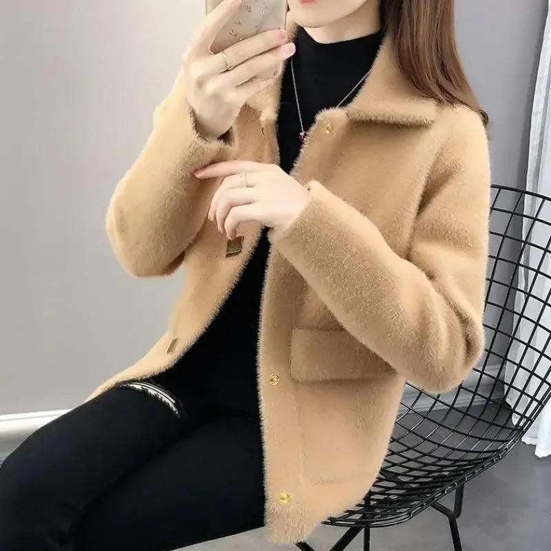 Korean Jacket Imitation Mink Sweater Women's Cardigan Button Imitation Mink Velvet Jacket Women's New Spring and Autumn Coat