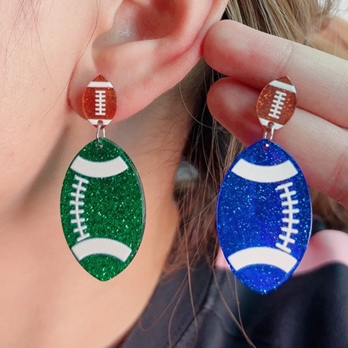 3Pairs Glitter Rugby Dangle Earrings Set for Women Acrylic Sports Theme Drop Earrings Game Day Fan Party Costume Fashion Jewelry