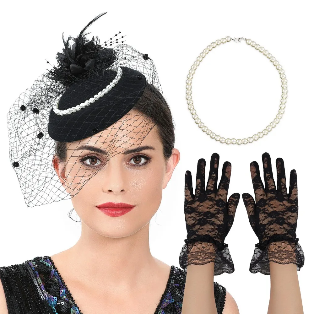 

Retro Exquisite Mesh Feather Headband Elegant Pearl Vintage Fascinator Hat Formal Hat Top Hat Bride Headdress Lady