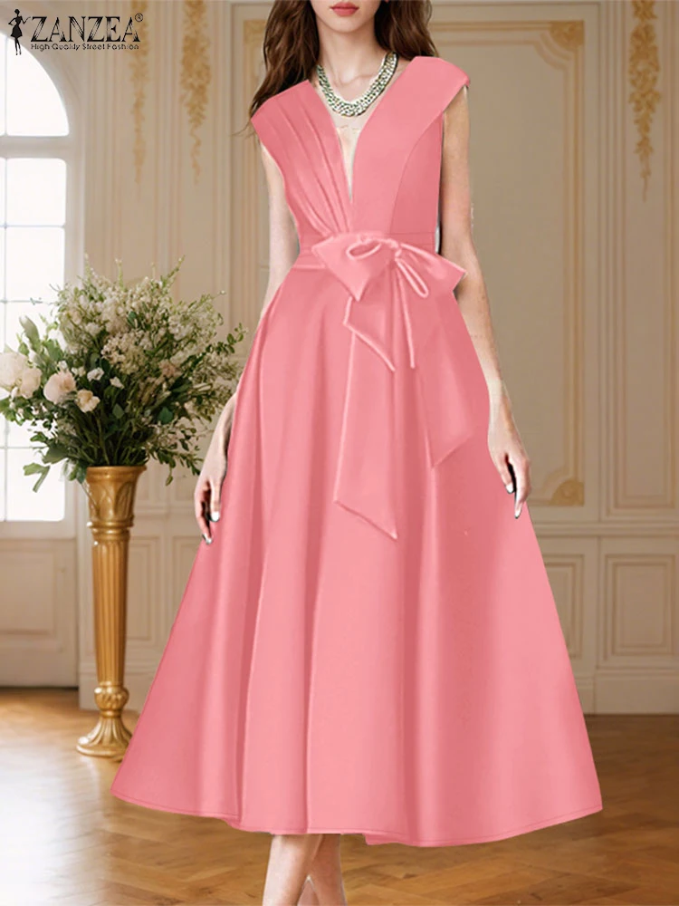 ZANZEA สตรีแฟชั่นซาตินค็อกเทลปาร์ตี้ Midi Dresses Elegant Pintuck V คอ Bow Tie A-Line Robes Femme เซ็กซี่ Vestidos
