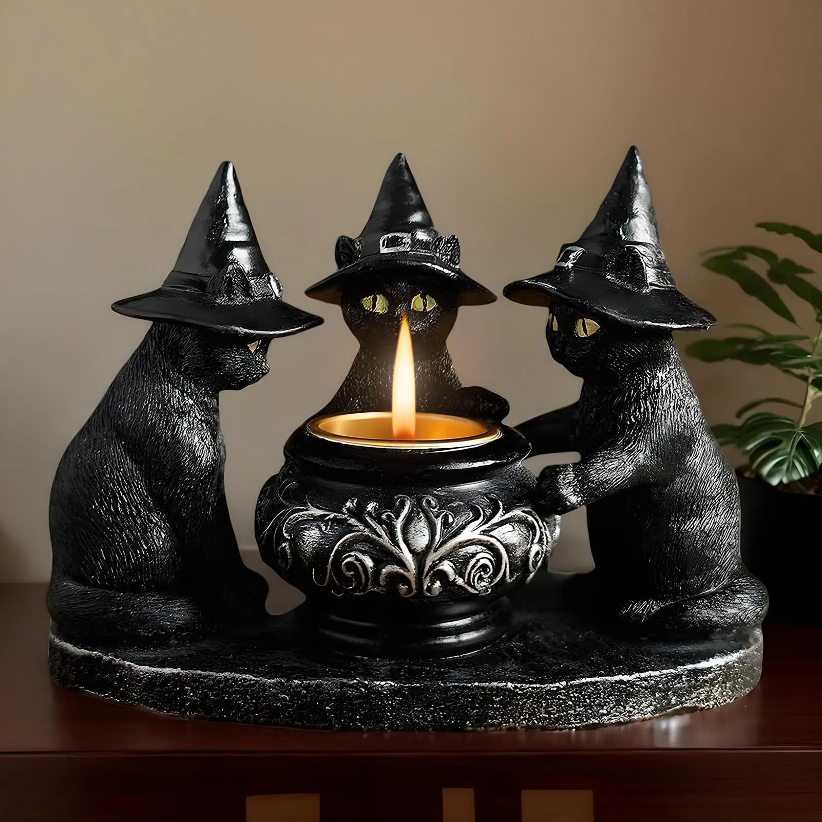 Halloween Black Cat Candlestick Resin Witch Cat Statue Tealight Candle Holder Gothic Figurine Table Centerpieces Home Decoration