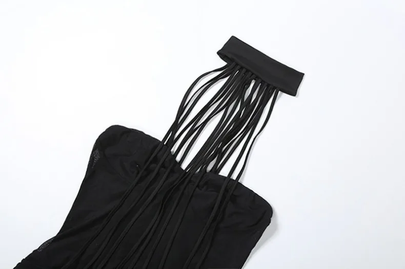 Transparentes Mesh-Splicing-Bodycon-Kleid mit Schlank-Effekt, Rückenfrei, Schulterfrei, Bustier-Kleid, Nachtclub-Kleider, Ärmellos, Gerafft, Vestidos – Detail 16