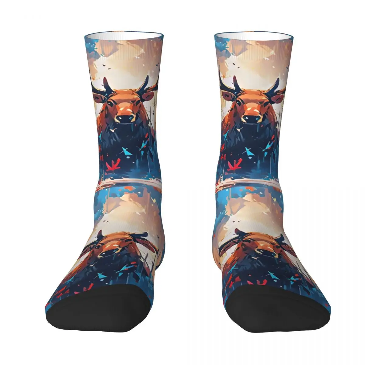 Funny Happy Sock for Men Mystical Moose Art Vintage Breathable Pattern Printed Crew Sock Novelty Gift