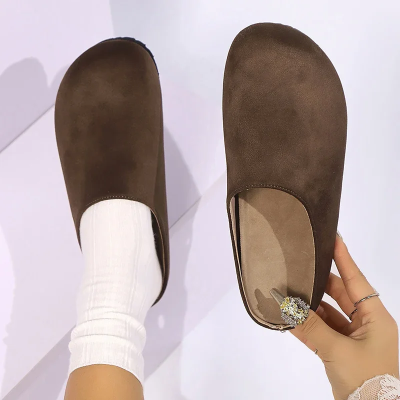 NEW Faux Suede Flat Birken Slippers Women 2025 Vintage Close Toe Mules Shoes Woman Outdoor Non Slip Cork Slippers Female