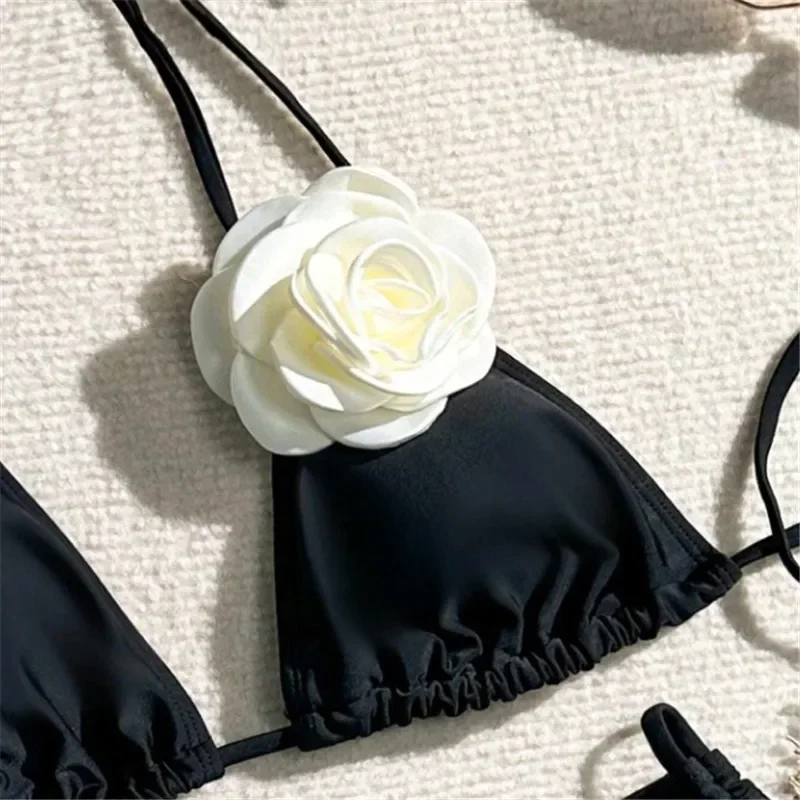 Sexy 3D Flower Black Triangle Bikinis Sets Micro Thong Swimsuit Women String Halter Bathing Suit Bikini 2024 Mujer Biquinis swim