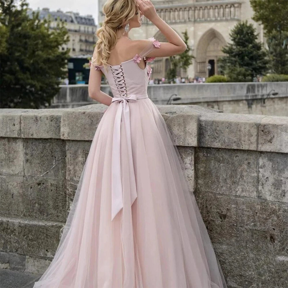 فستان سهرة أنيق وردي اللون من التول بطول الأرض قبالة الكتف فستان الحفلة الراقصة زهرة اللؤلؤ فيستدوس دي فييستا مخصص