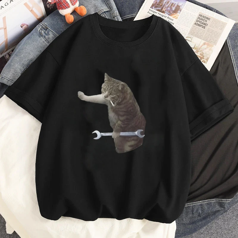 Funuy Women T Shirt Mechanical Cat Clothes Cute Cat Graphic Short Sleeved T-shirt Harajuku Summer Casual Female Clothing Top Tee