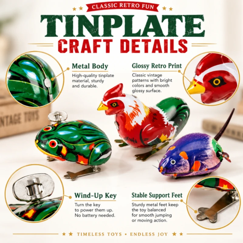Retro Wind‑Up Mechanical Tin Toy Kit, Frog Rooster Mouse Clockwork Ornament, Battery‑Free Collectible Hobby Display Piece