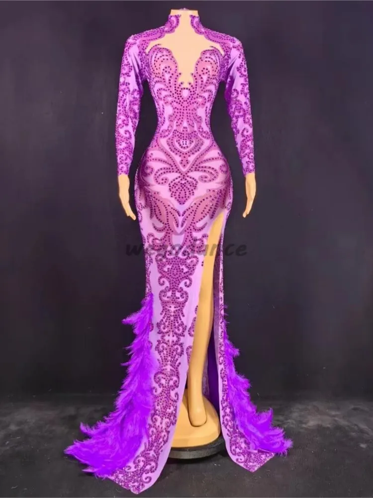 Vestido largo de tren de plumas de diamantes de imitación para mujer, traje de celebración de cumpleaños de boda, traje de espectáculo de fiesta de noche, nuevo