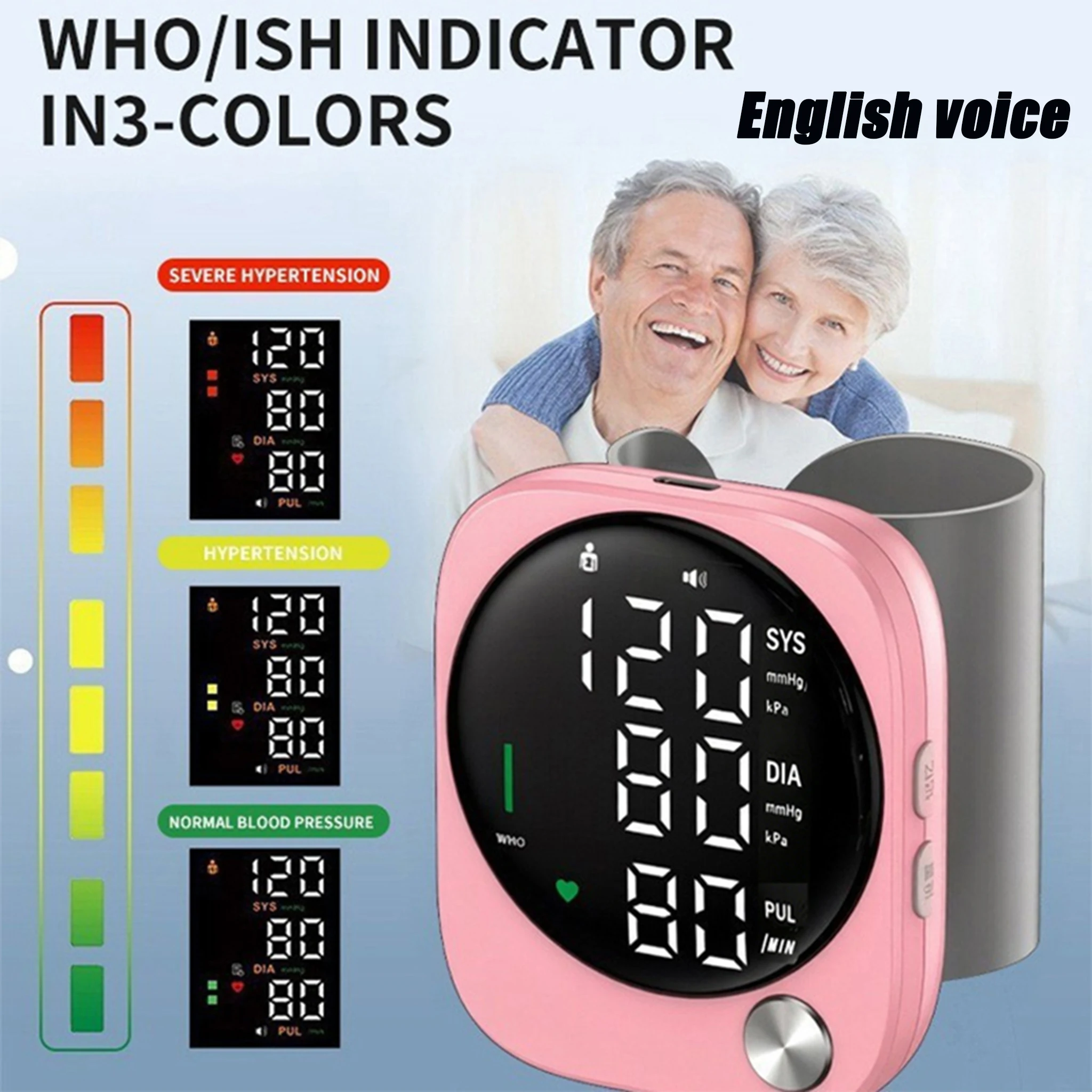 Monitor de Presión Arterial de Muñeca con Voz Digital, Batería de Litio Recargable, Indicador OMS, Recordatorio de Pulso Irregular, Uso Médico