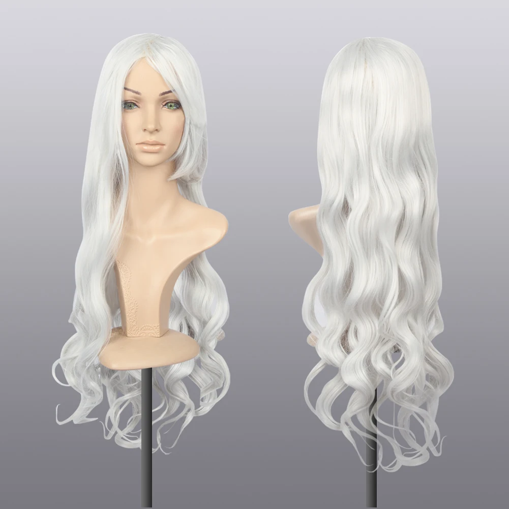 Cosplay 80cm lange lockige Perücke, silberweiß, kann selbsttrimmt werden