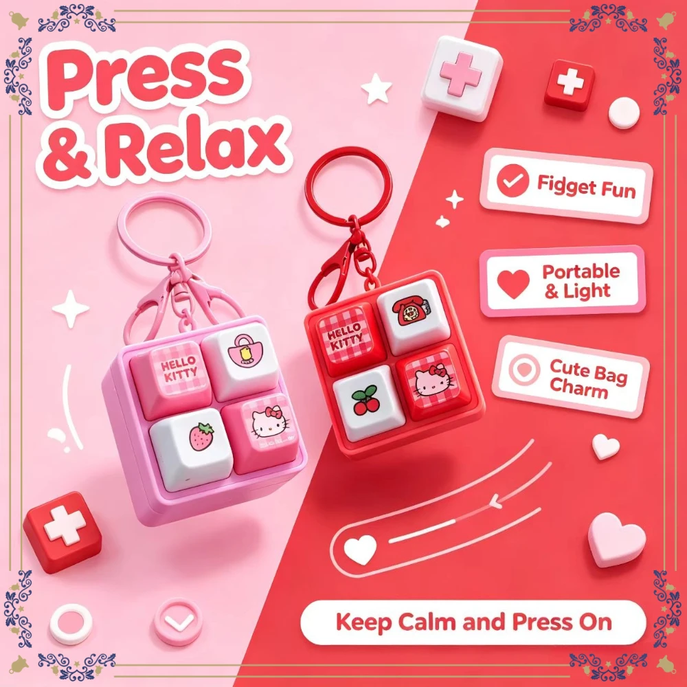 Hello Kitty 4-Key Keycap Fidget Keychain Finger Clicker Bag Charm Stress Relief Anti-anxiety Cute Gift
