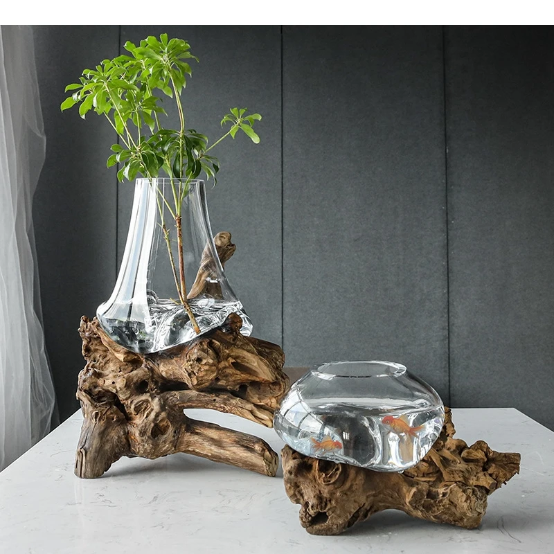Glass Bonsai Vase Dead Wood Rack Hydroponic Planting Pots Flowerpot Art Wooden Frame Terrarium Home Decoration Accessories