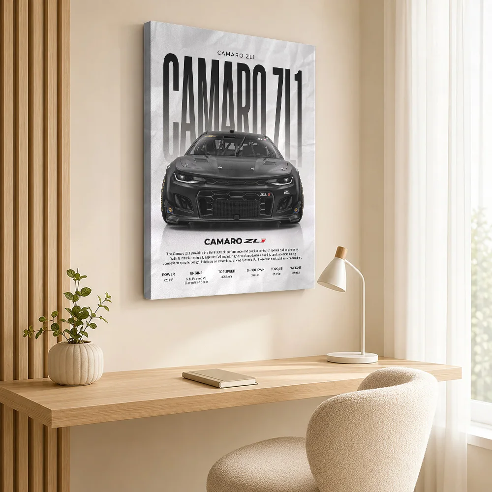 Front View Black American Camaro ZL1 Track Car Framed Canvas Print Poster Personalized Photo Bold Canvas Wall Art Garage Decor