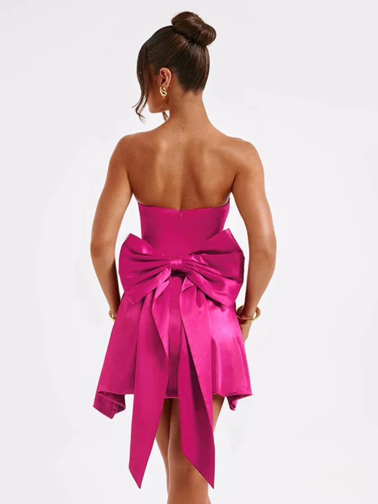 Mozision Strapless Bow Backless Sexy Mini Dress For Women Summer New Off-shoulder Sleeveless Bodycon Club Party Dress Elegant