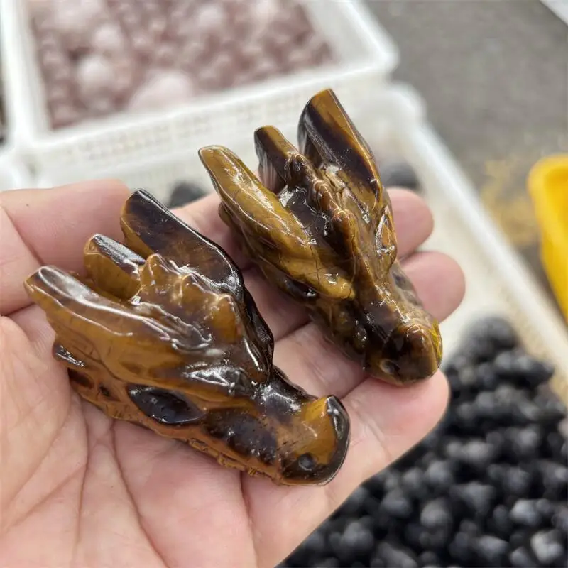 1pcs Natural Yellow Tiger Eye Stone Dragon Skull Carving Statue Quartz Healing Energy Gemstone Crafts For Christmas Gift
