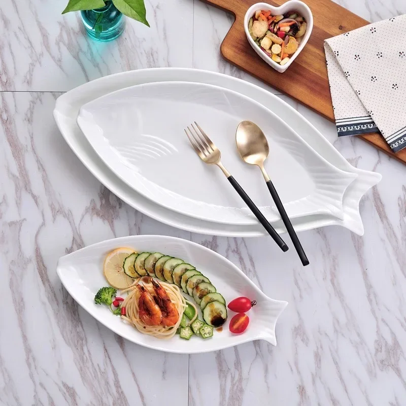 Steamed Fish Restaurant Home Kitchen Tableware Porcelain Fish Plates with Gold-rimmed Creative Fish-shaped Dinner Charger Plate