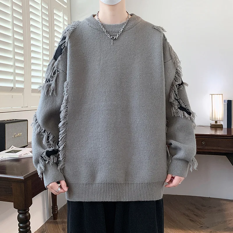 

Autumn Distressed Fringe Men's Knit Sweater, Solid Color Long Sleeve Knitwear for Men, Casual Crew Neck Mans Pullover