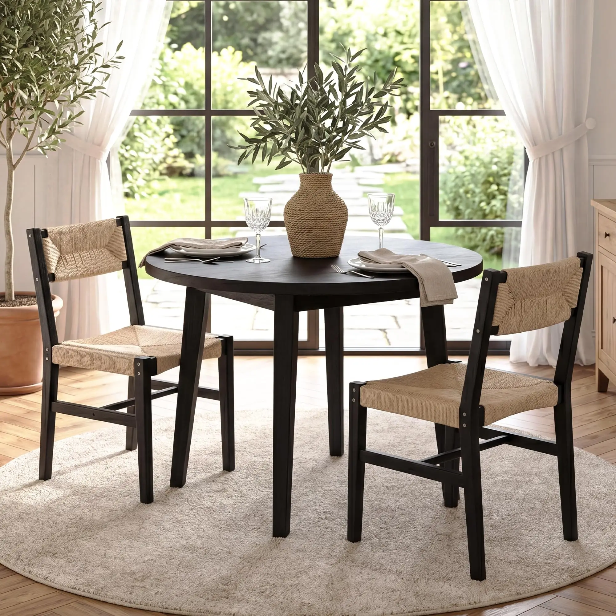 Mid Century Modern Rattan Dining Chairs Set of 2, Black Beechwood Frame | Wicker Dining Chairs, Handwoven Back and