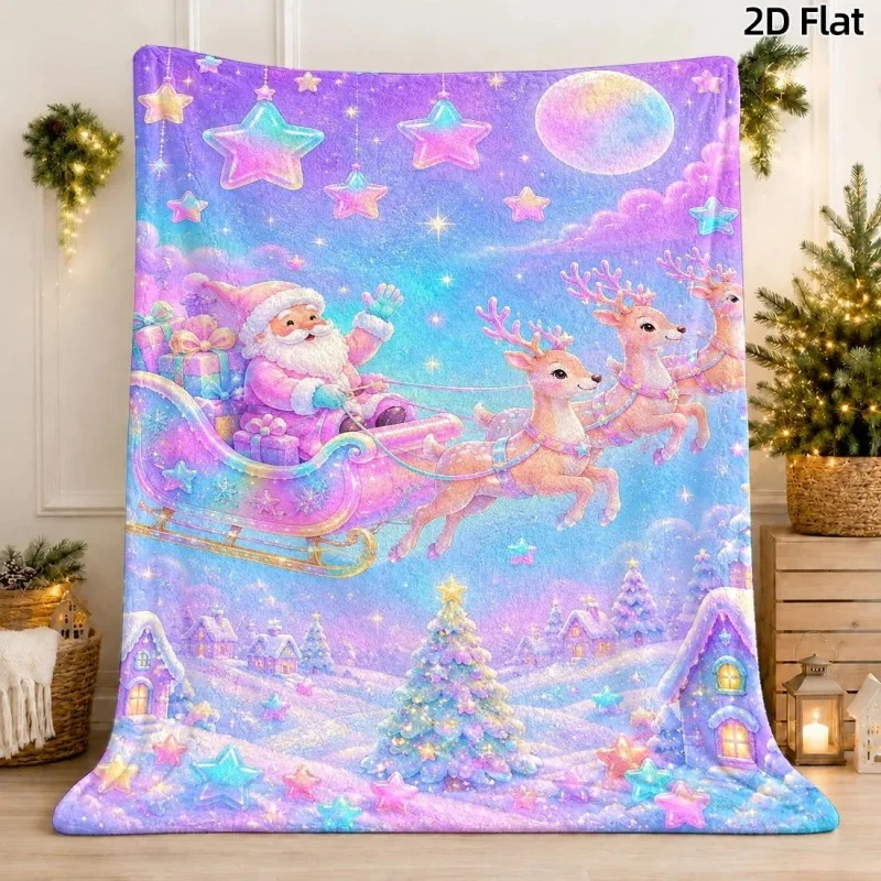 Santa Sleigh Reindeer Purple Starry Winter Scene Print Throw Blanket, Decorative Xmas Household Throw