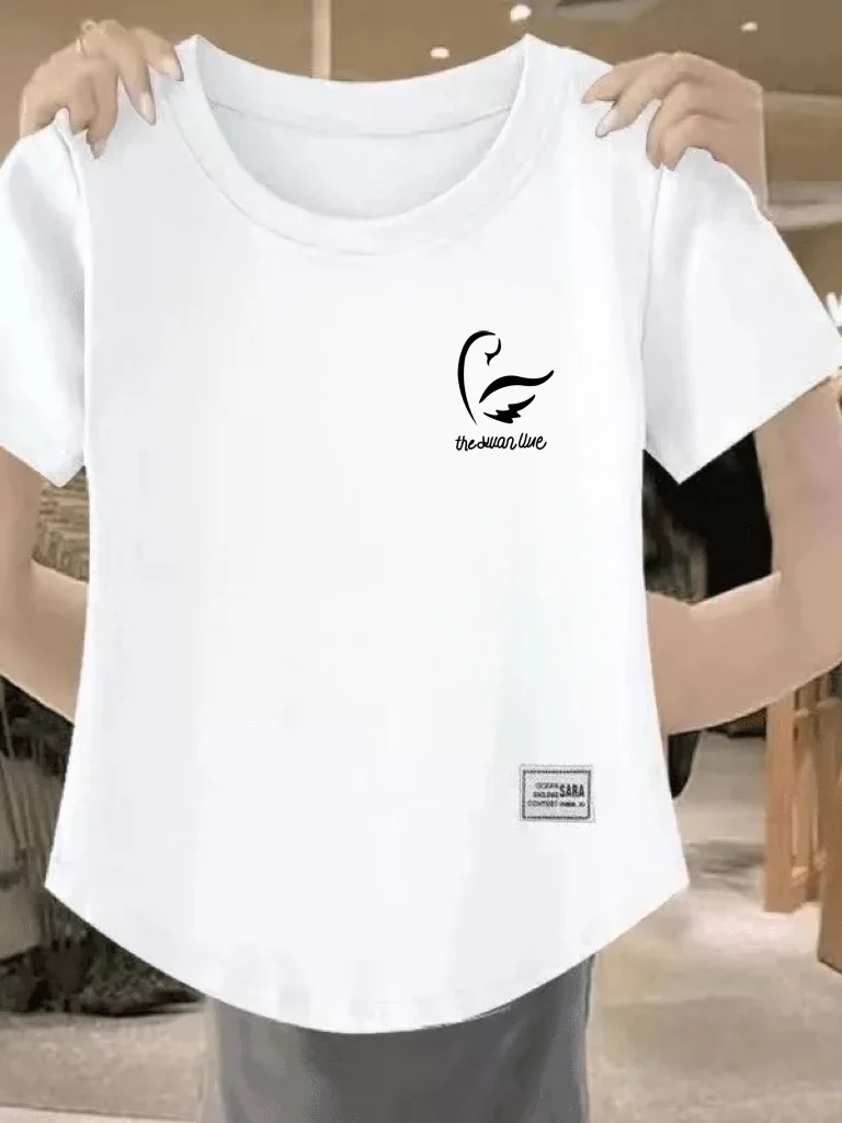 

Белая свободная футболка с коротким рукавом, женская повседневная удобная дышащая футболка с принтом, модный топ для мам с эффектом похудения