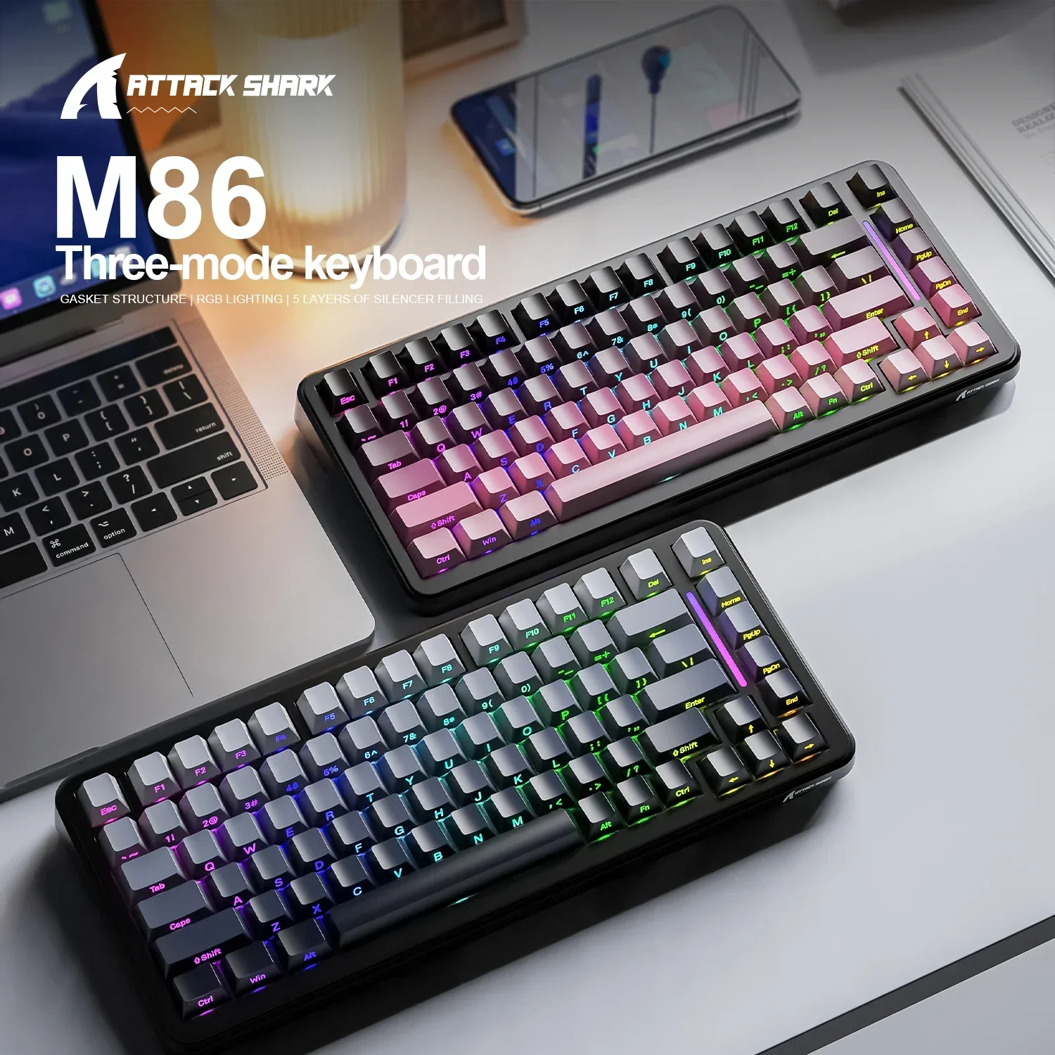

Attack Shark M86 RGB Bluetooth Keyboard,Wireless Tri-Mode Connectivity, Gasketed Construction, Hot Swap, WINDOES/MACOS /LINUX