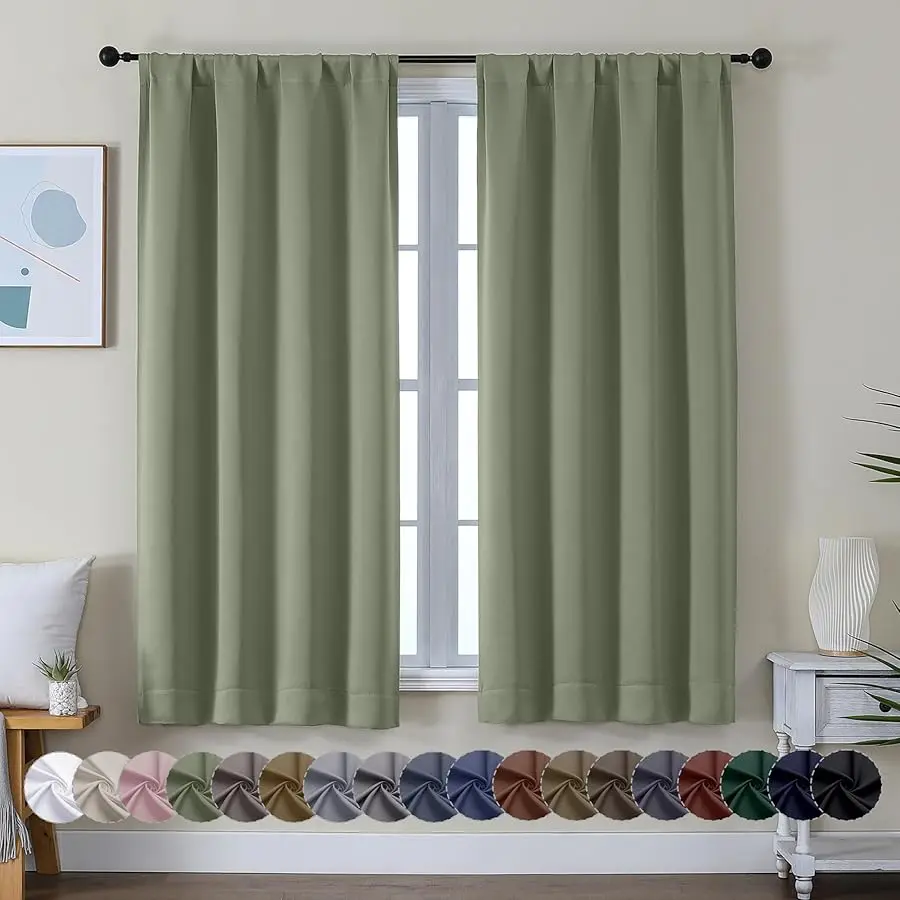 

A a Sage Green Blackout Curtains for Bedroom 63 Inch Length 2 Panels Set, Solid Thermal Insulated Energy Sa ing Rod Pocket Windo