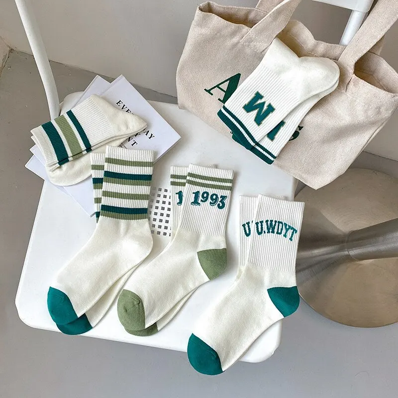 5 Pairs Women's Socks Classic Striped Letter Print Fashion Girls Cute Harajuku Socks Casual Female Cool Skateboard Socks