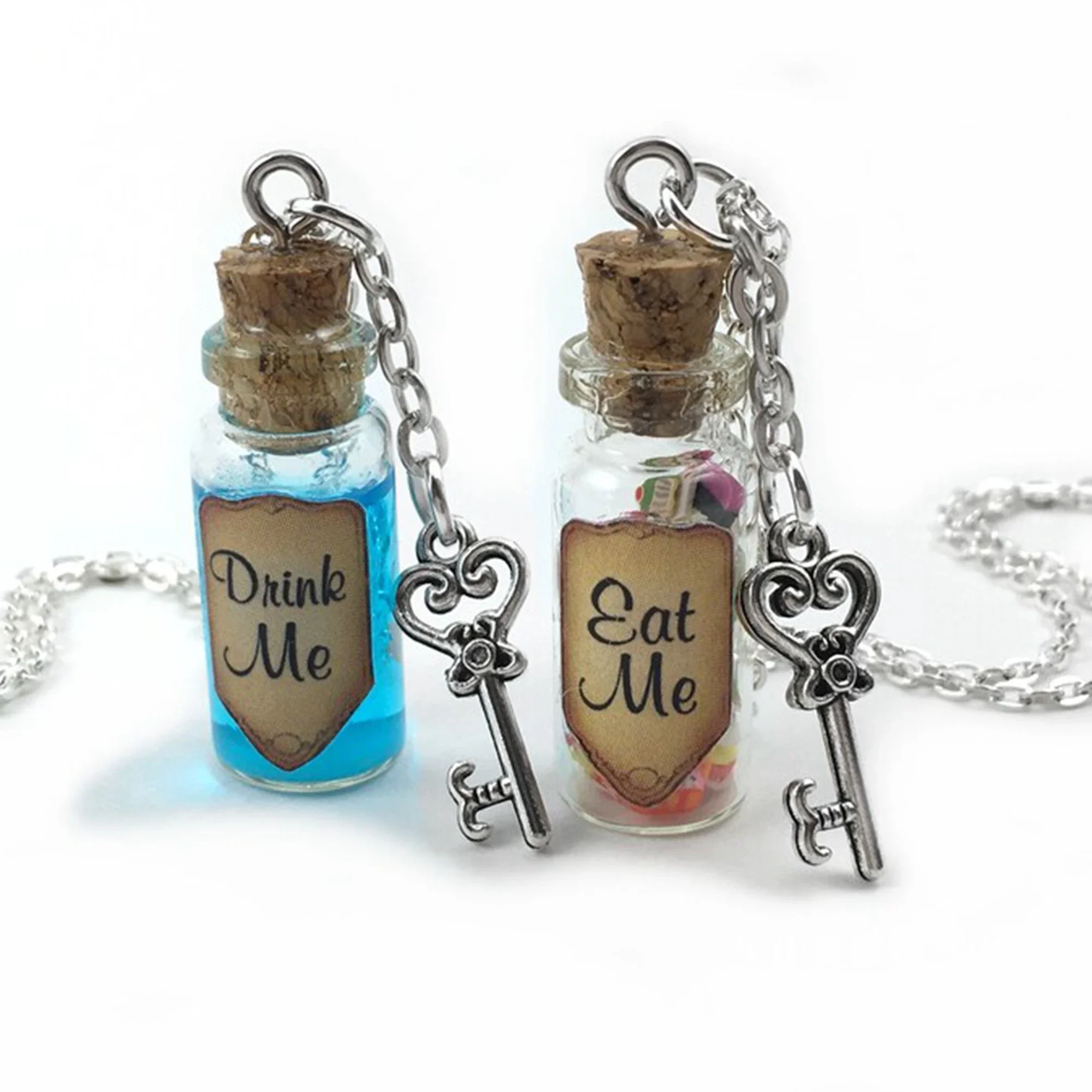 Eat Me Drink M E Bottle Necklace Set Alice's Adventures in Wonderland-Blue Shimmer Liquid with Key Bottle