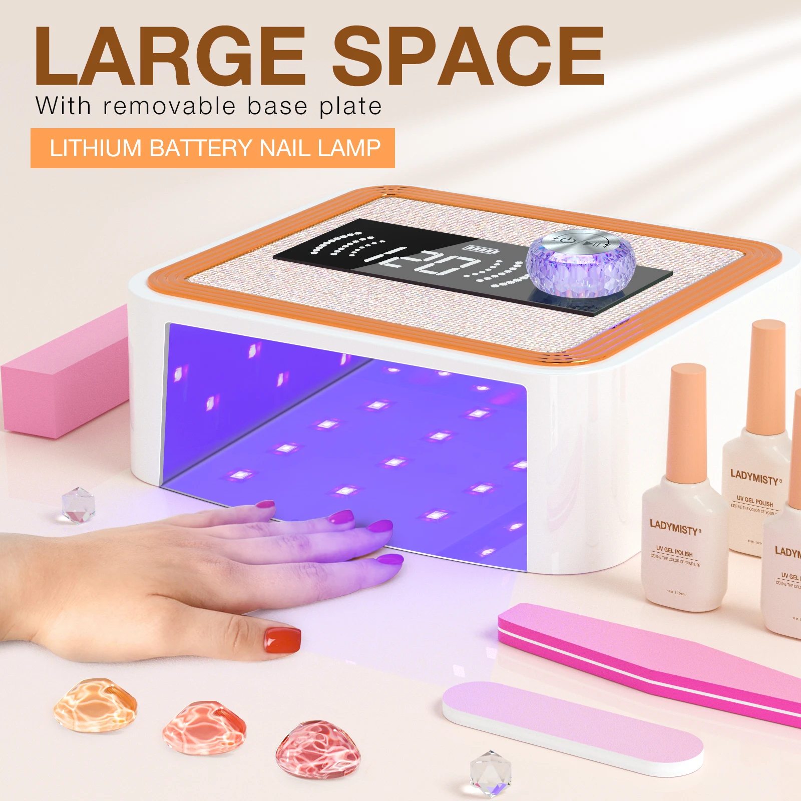 268W draadloze UV-nagellamp, oplaadbaar UV-licht voor gelnagels met unieke knop, fonkelende strass-diamant