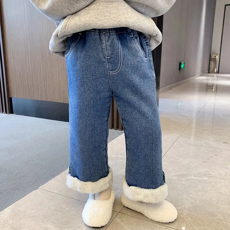 Thick Velvet Lined Girls Jeans Wide Leg Pants Winter Warm Elastic High Waist Kids Vaqueros Pantalones New Plush Children Jeansy