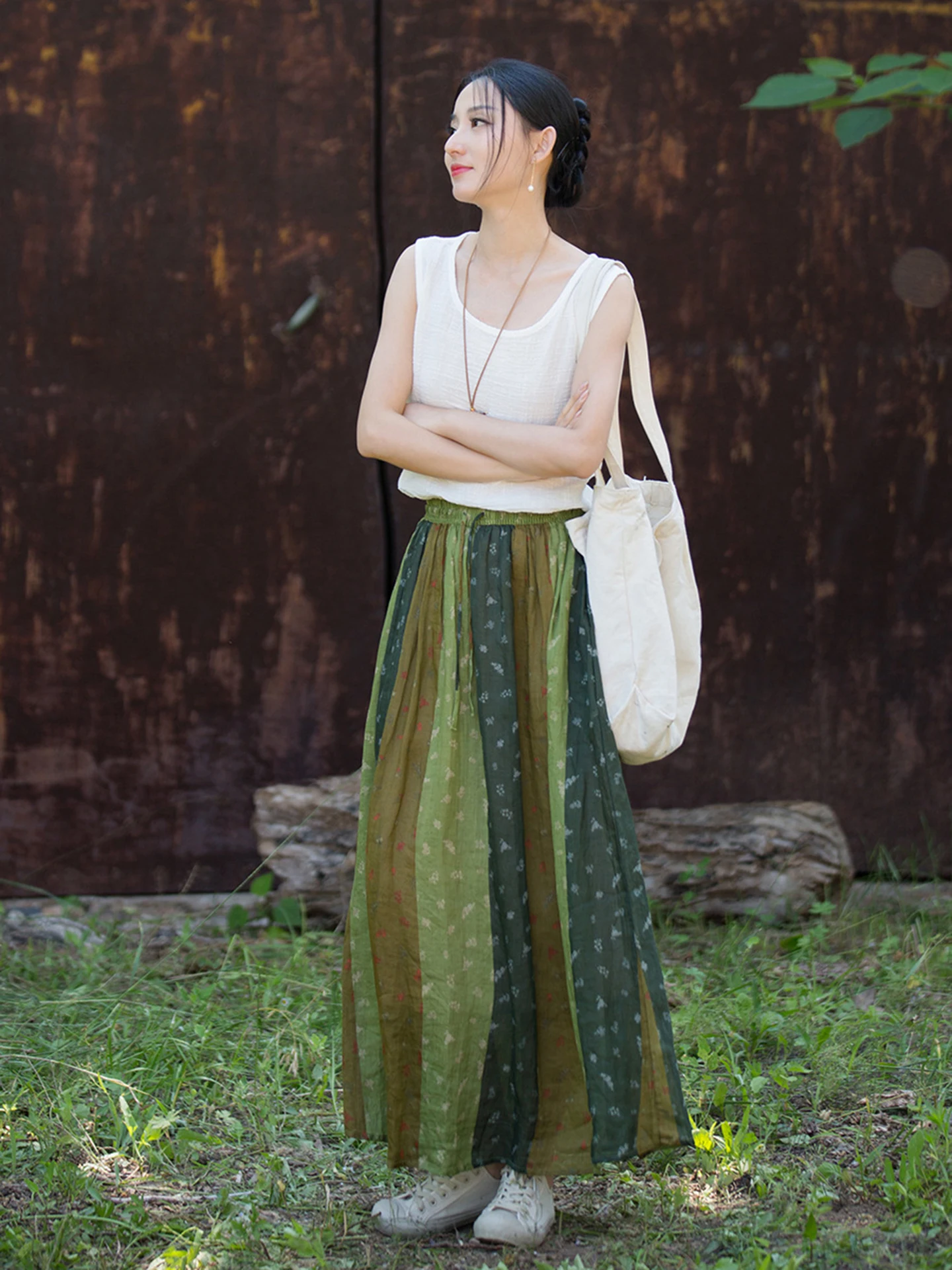 High-End 100 Pure Flax Artistic Floral Print Long Skirt Summer A-Line Large Skirt Slim Elastic Waist Half Skirt Breathable Ca...
