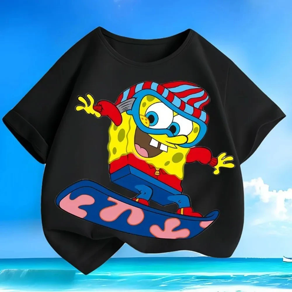 2026 Summer Fashion New Anime SpongeBob SquarePants Skateboarding Adventure Pattern Outdoor Parent Child Sports Cotton T-shirt