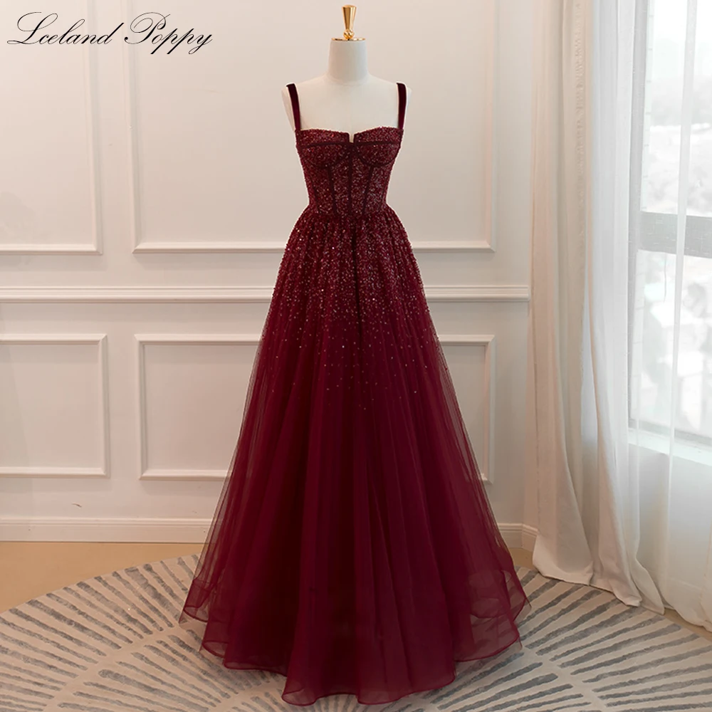 Lceland Poppy Luxury A Line Crystal Beaded Tulle Evening Dresses Sleeveless Floor Length Sequined Formal Gowns