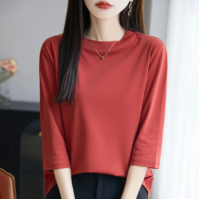 Summer Cotton Cropped Sleeve T-Shirt Women's Semi-High Stand Collar Loose Large Size Mercerized Cotton Top Bottoming Shirt