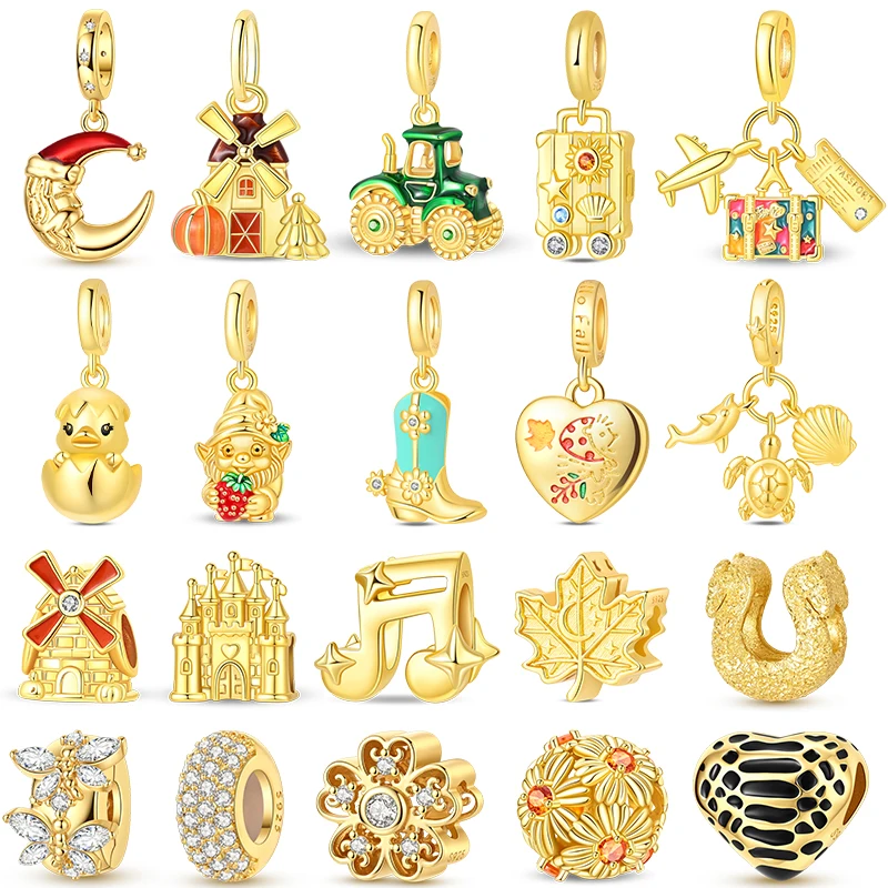 New 925 Sterling Silver Golden Heart-Shaped Suitcase Charms Beads For Women Fit Original Bracelet DIY Jewelry Gifts