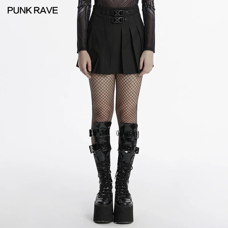 

PUNK RAVE Women's Punk Buckle Twill Woven A Line Pleated Skirt Waist Buckles Skull Rivets Gothic Daily Dark Mini Skirts