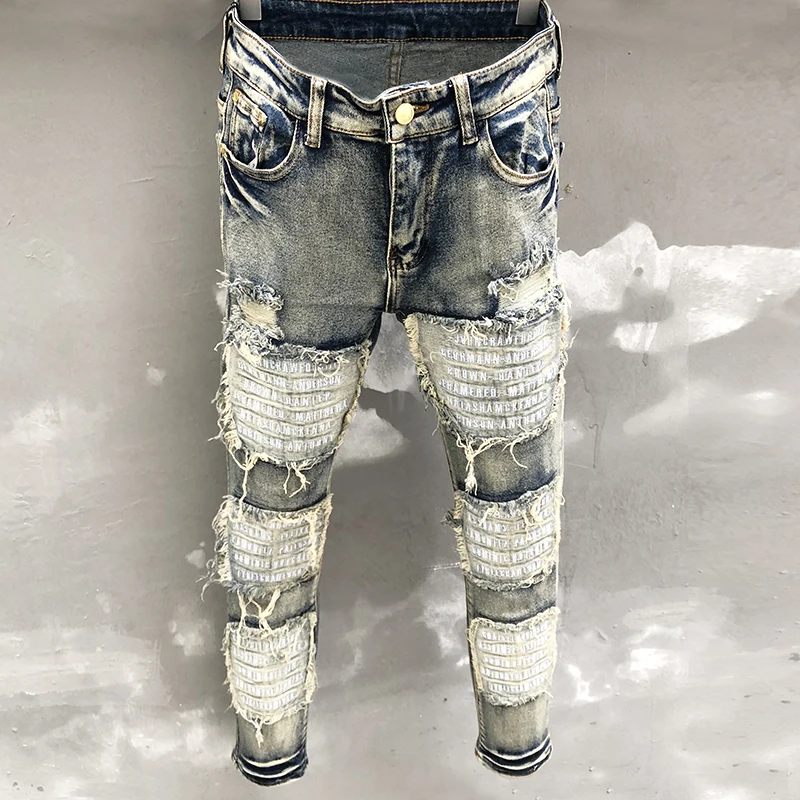 

Men Patchwork Punk Jeans Men Motorcycle Pants Street Retro Ripped Patch Jeans Dance Party Denim Fashion Jean Slim Fit Jeans