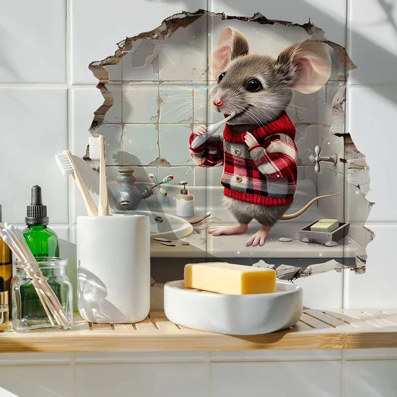 VIKAMA Mouse Plaid Sweater Brushing Teeth Wall Sticker Xmas Bathroom Self-Adhesive Decor for Living Room Bedroom Dorm