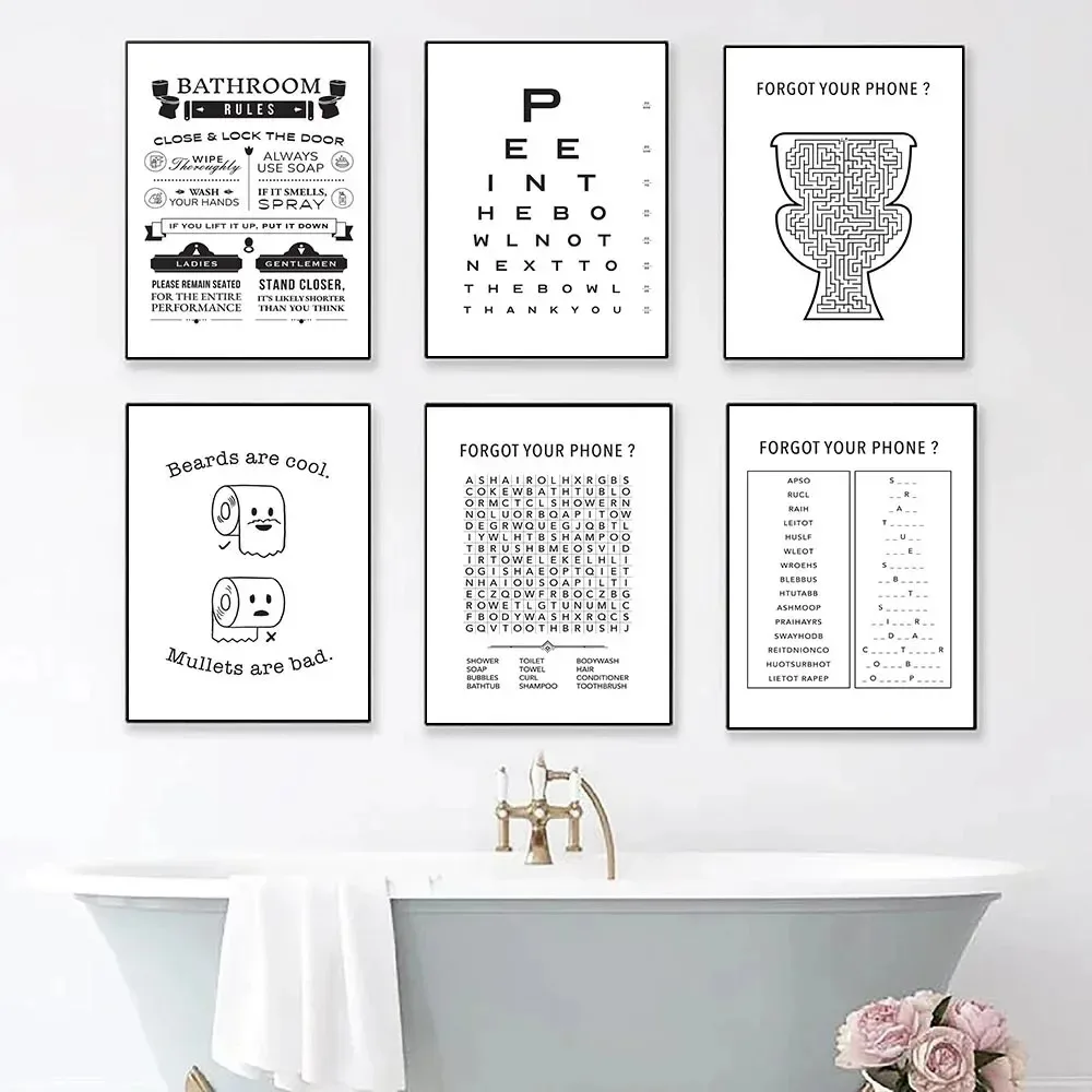 1PC French Bulldog in Toilet Canvas Painting Poster Funny Bathroom Rules Sign Nordic Butt Chart Toilet Humor Wall Art Home De