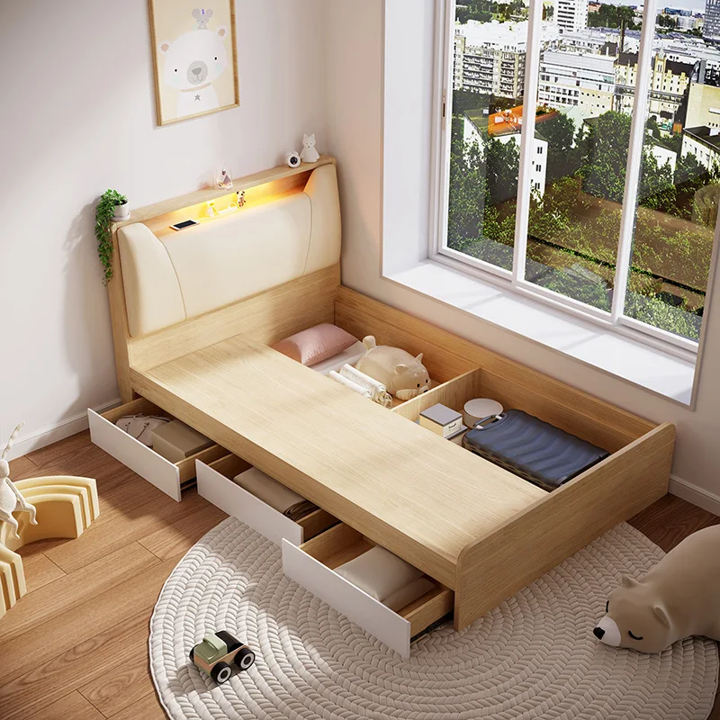 sn-USB Charging Solid Wood Modern Teenager Room Kids Single Smart Bed Storage Frame with LED Lights Extendable Foldable