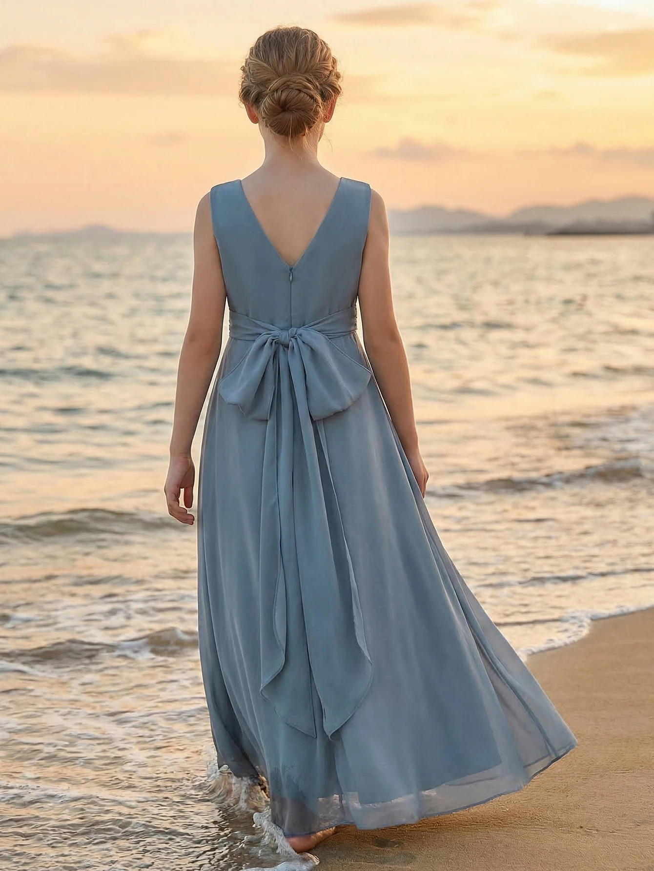 Teen Girl Long Party Dress Elegant Grey Blue Silk Fabric Sleeveless V-Neck Backless Ruffled Flowy Dress,Vacation,Party,Wedding image 2