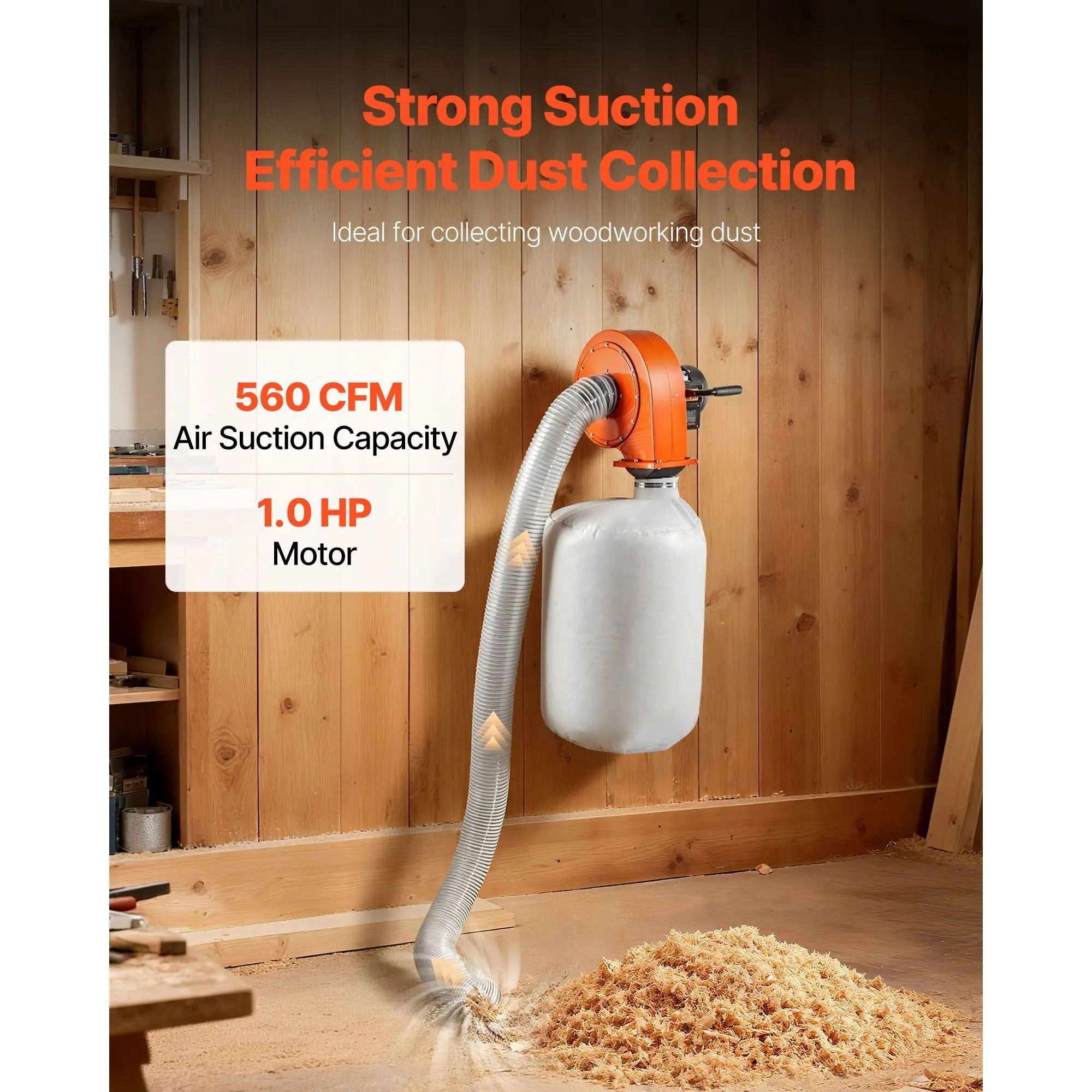 1 HP 560 CFM Wall Mount Woodworking Dust Collector with 2.5 Micron Bag 2.5 Micron Dusts Coll for Home Use