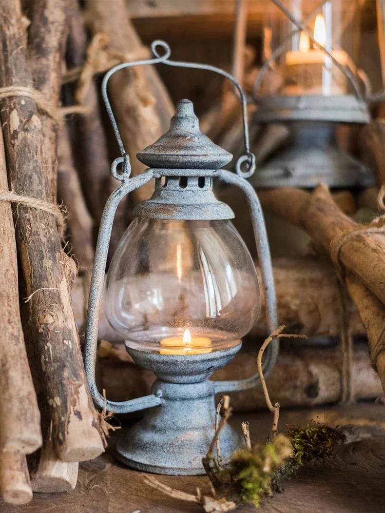 European Vintage Iron Art Candlestick Wind Lamp Oil Lamp Small Lantern Adornment Garden Grocery Props