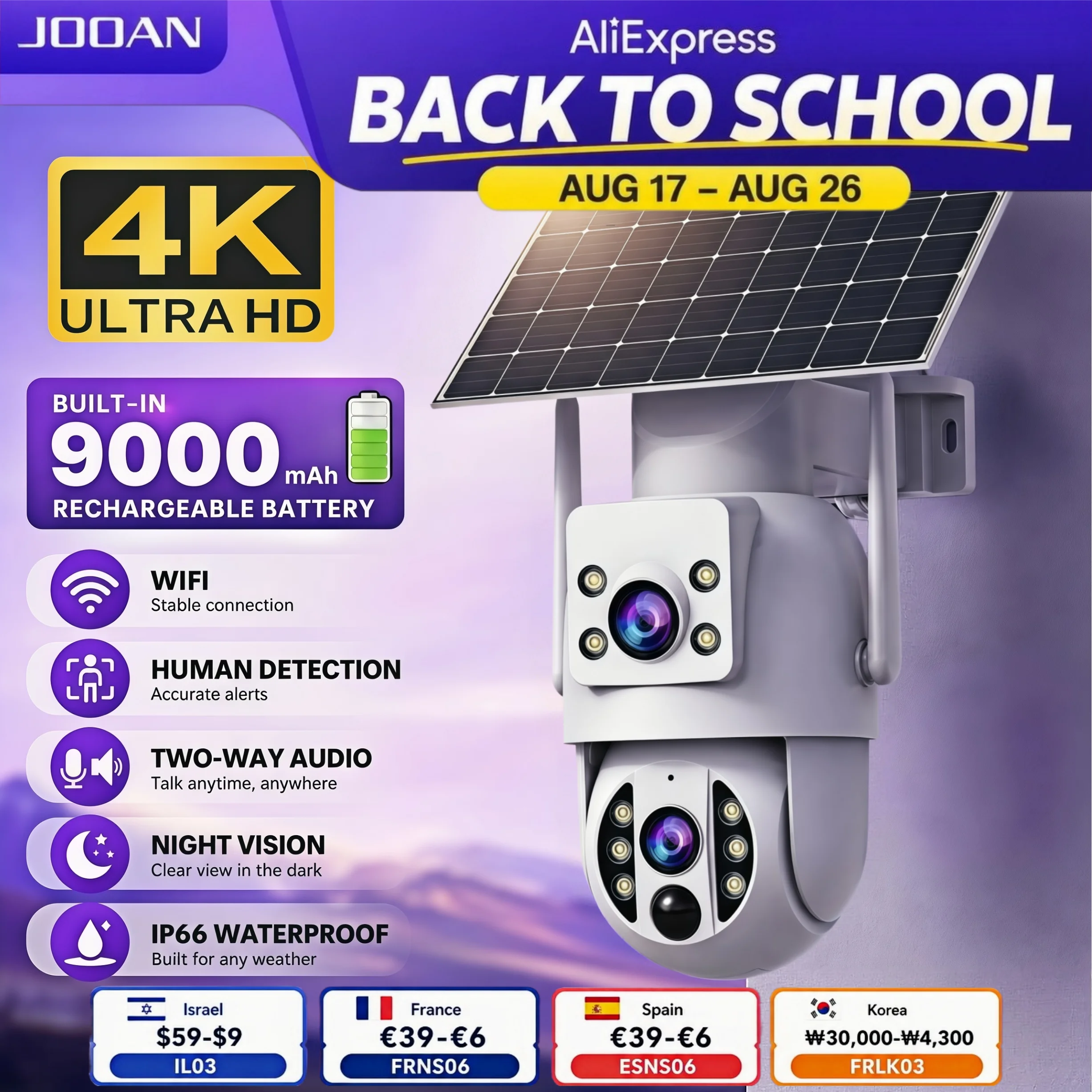 Caméra solaire WiFi 4K JOOAN à double objectif, détection humaine en extérieur, vision nocturne étanche, caméra de sécurité IP, caméra à faible consommation d'énergie, caméra à batterie