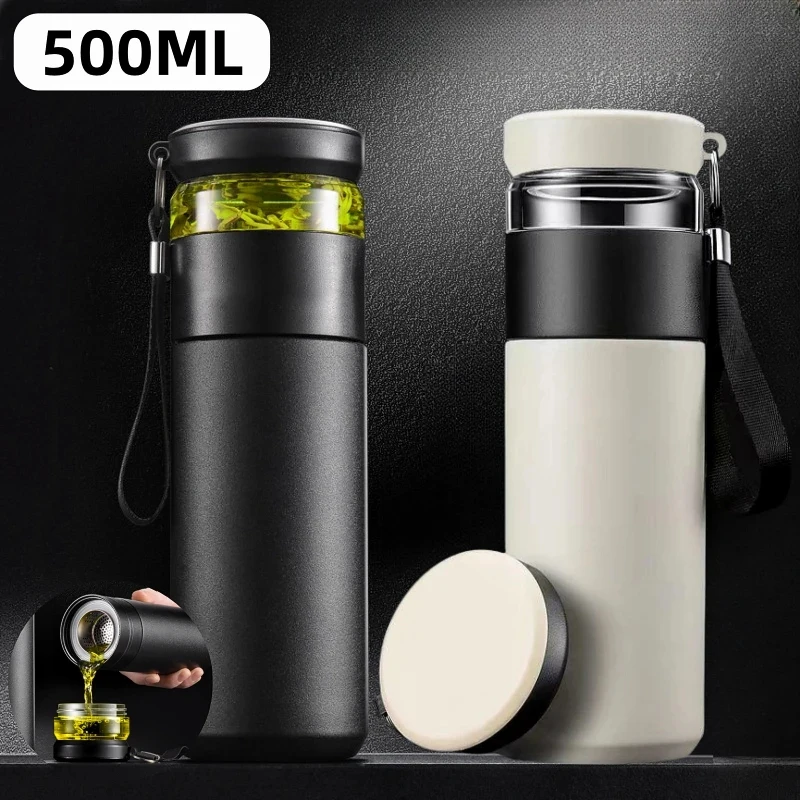 

500ml Tea Infuser Vacuum Flask Stainless Steel Insulated Cup with Independent Tea Storage Handle Travel Mug Business Cup Gifts